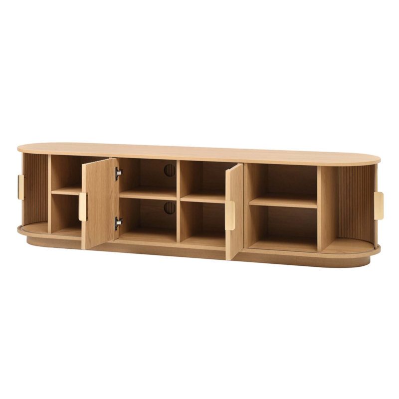 Farmhouse Wooden TV Stand With Sliding Tambour Door For Tvs Up To 75", Natural