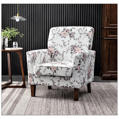 Patterned Polyester Blend Armchair, Solid Birch Wood Frame with Brown Tapered Legs, Foam Padded Accent Chair with Trim Detail for Living Room Office