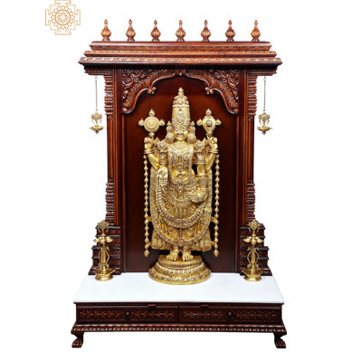 Très grande statue en laiton 74 po Tirupati Balaji avec cadre en bois de teck, lumières DEL, base en marbre et lampe de symbole Vaishnav