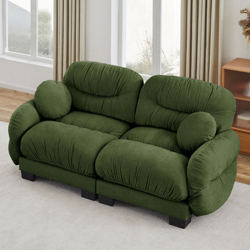 Canapé modulaire confortable à 2 places en tissu de chenille plissé avec siège ergonomique en mousse haute densité, accoudoirs arrondis arrondis et 2 coussins décoratifs ronds