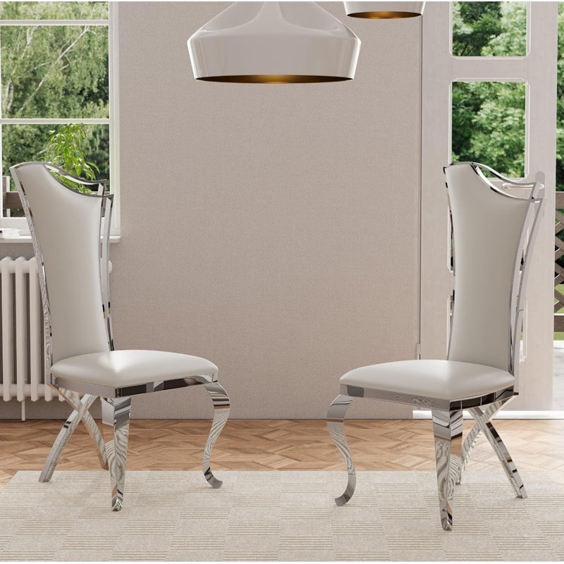 Elegant And Modern White Faux Leather Dining Chairs With Silver Legs, 6