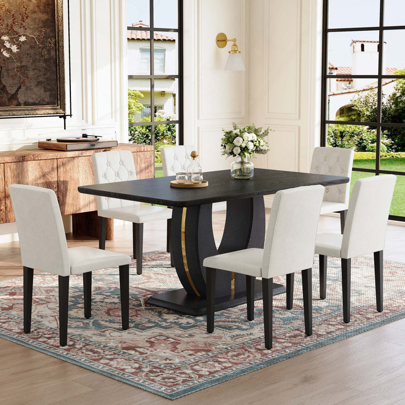 Ensemble de table de salle à manger en grain de bois avec 6 chaises en polyuréthane avec dossier à boucle décorative pour manger et travailler