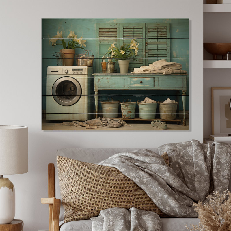 Turquoise Vintage Laundry Room I sur impression sur bois, H 24 po x l 32 po x P 0,78 po