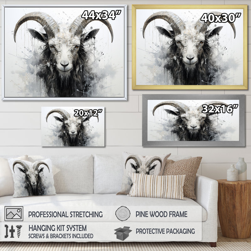 Impression sur toile, "Ram noir et blanc", Cadre simple blanc, H 16 po x l 32 po x P 1 po