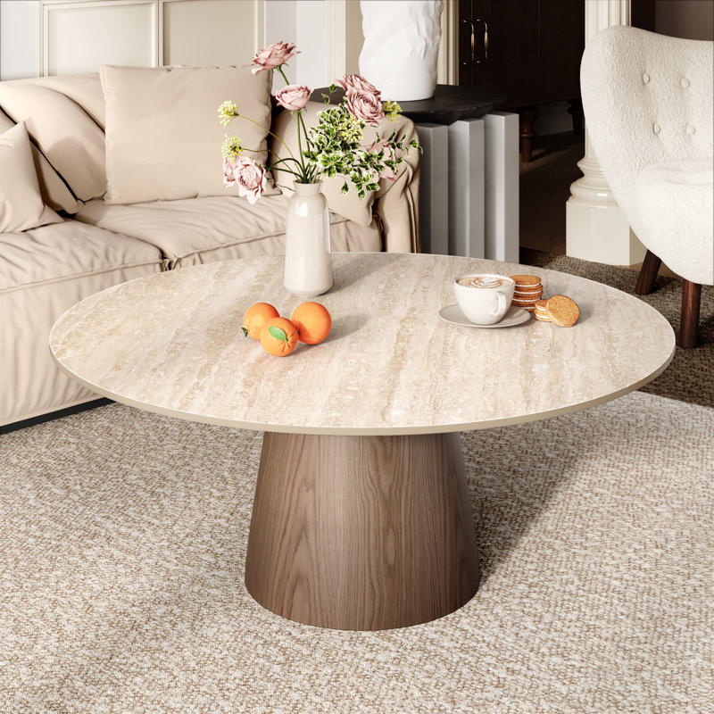 Table basse Mid-Century, Travertin mat / noyer foncé, H 17,2 po x l 35 po x P 35 po
