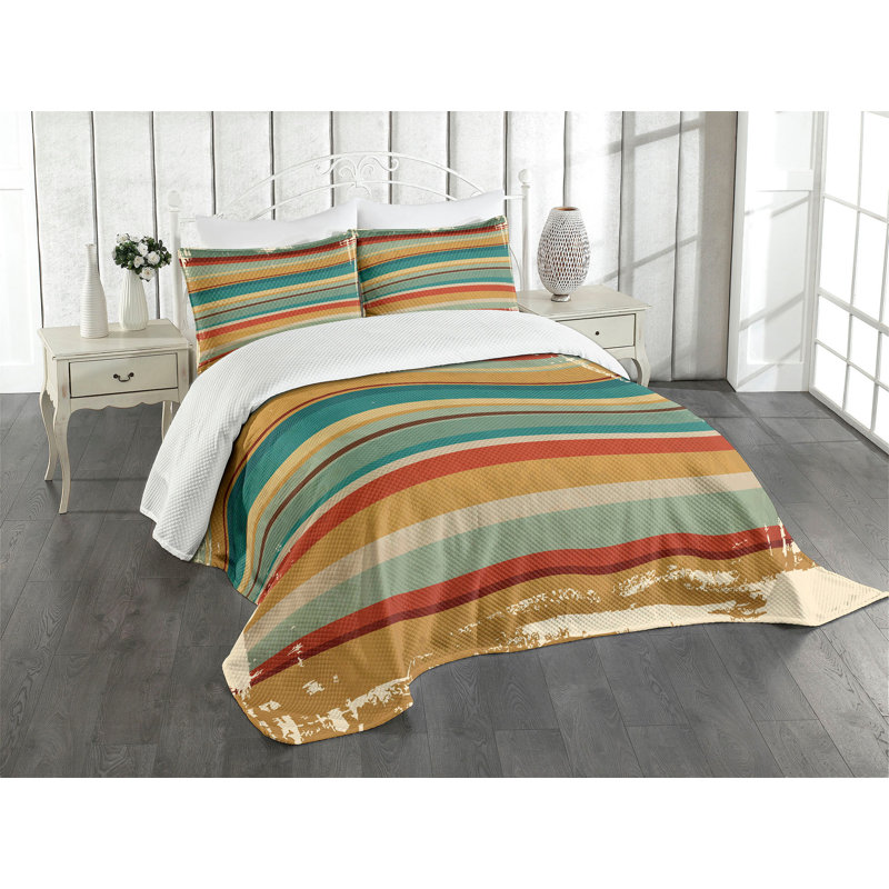 Brown and Multicolor Striped Queen Quilted Bedspread Set