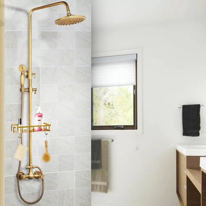 Ensemble de robinet de douche en laiton antique avec tablette de produits Juno - une élégance classique pour votre salle de bain