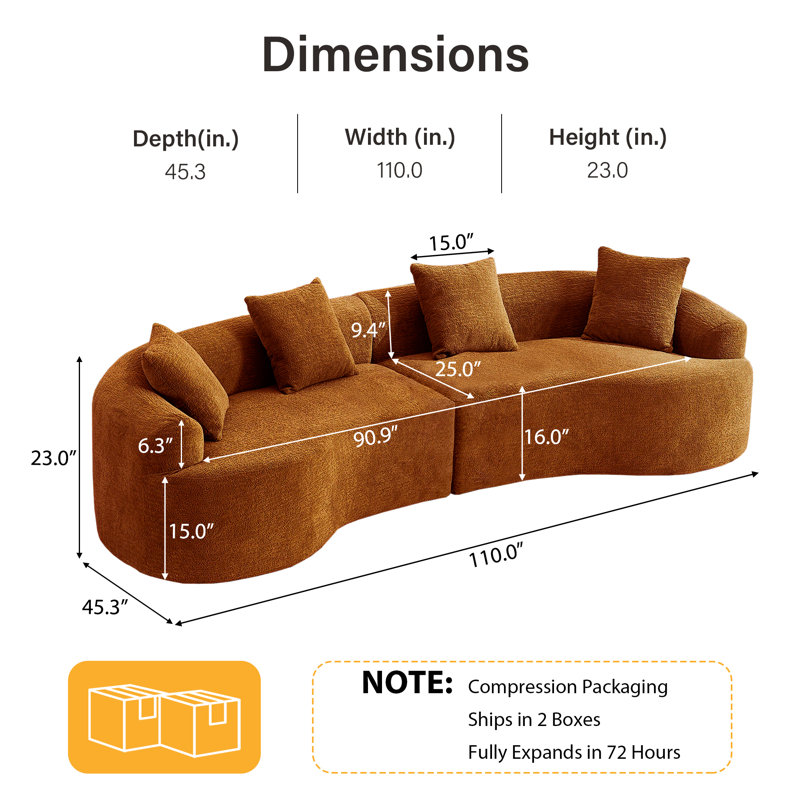 Chenille Boneless Curved Sofa, Left-right Symmetrical Design, Luxurious 4-seater Living Room Sofa, Orange