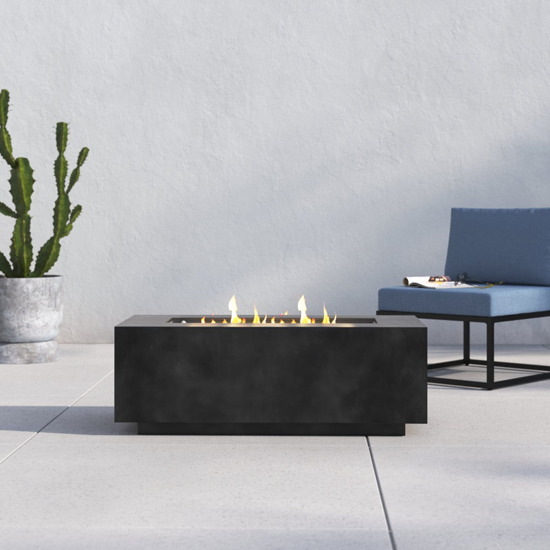 Rashid Rectangle Concrete Propane Smokeless Fire Pit Table, Charcoal, 15" H x 56" W x 24" D