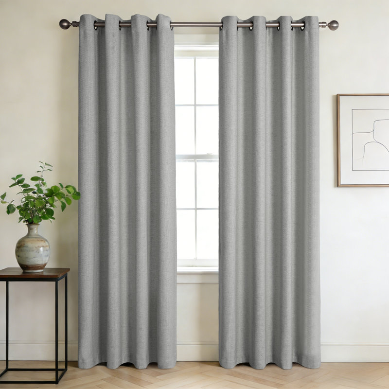 Linen Cotton Blend Geometric Grommets Light Filtering Curtain Pair, 52" W x 84" L, Gray