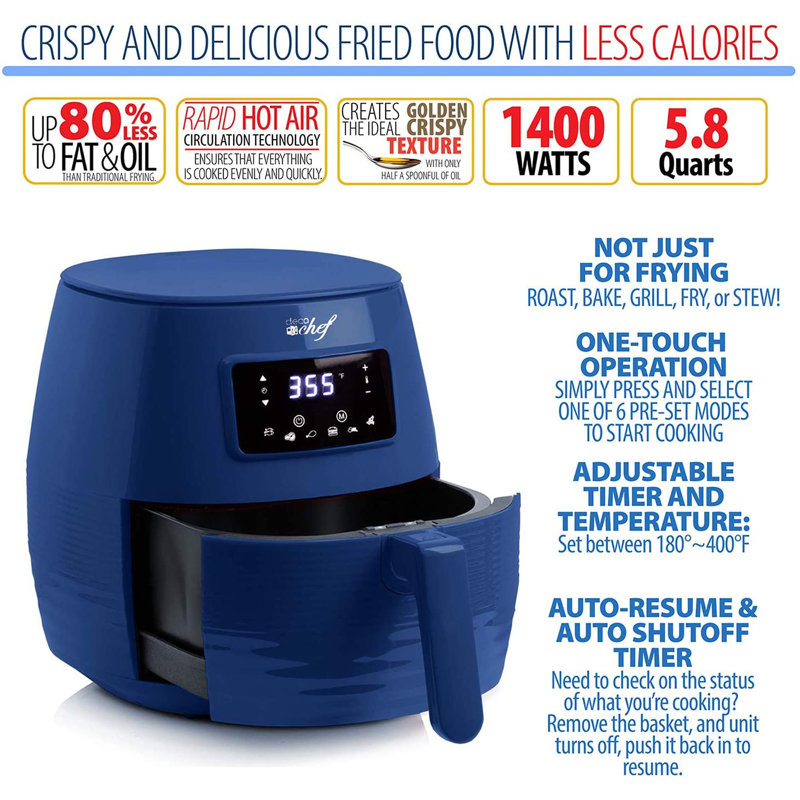 Deco Chef 5.8 Qt Blue Digital Electric Air Fryer