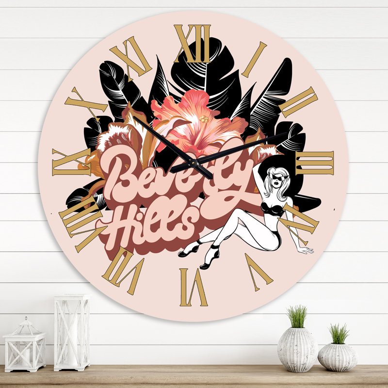 Beverly Hills, jolie fille avec des fleurs - horloge murale moderne, Moyen