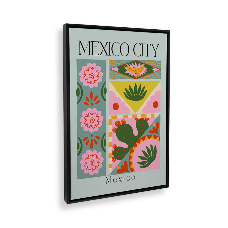 Mexico City Folk Art Canvas Print , Satin Black Floater Framed, 48.75" H x 32.75" W x 1.75" D