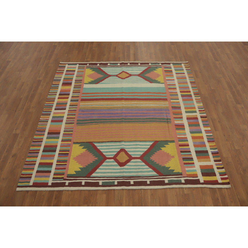Tapis carré rayé en laine Kilim 7 x 7