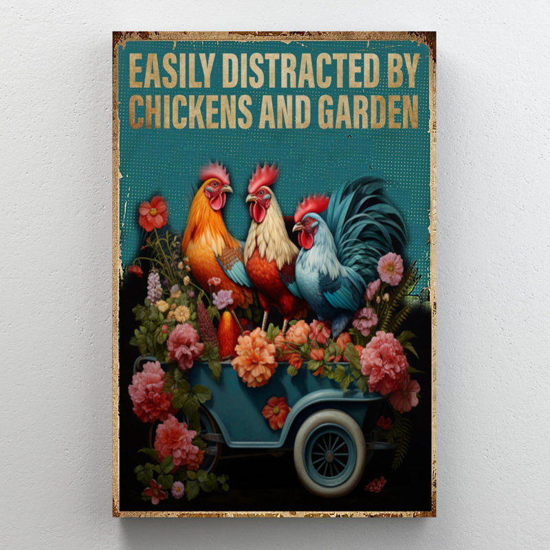" Chickens And Garden - 1 Piece Rectangle Graphic Art Print On Wrapped Canvas ", 36" H x 24" W x 1.25" D