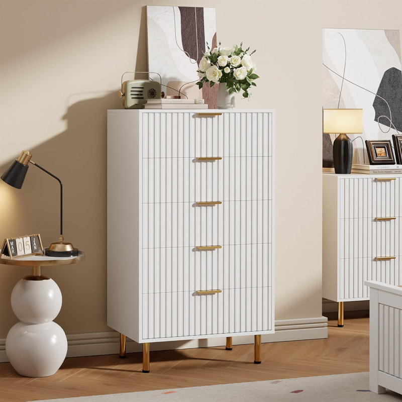 Commode 5 tiroirs 48 po pour chambre à coucher, commode moderne avec rangement profond 48 po, Blanc