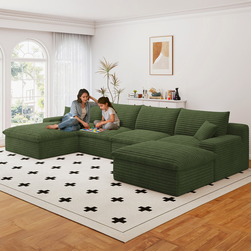 Boneless 136" U Shaped Sectional Couches, Corduroy Sectional Sofa With Reversible Storage Ottoman, 4 Seater Sofa With Throw Pillows Upholstered L-Shaped Couch For Living Room