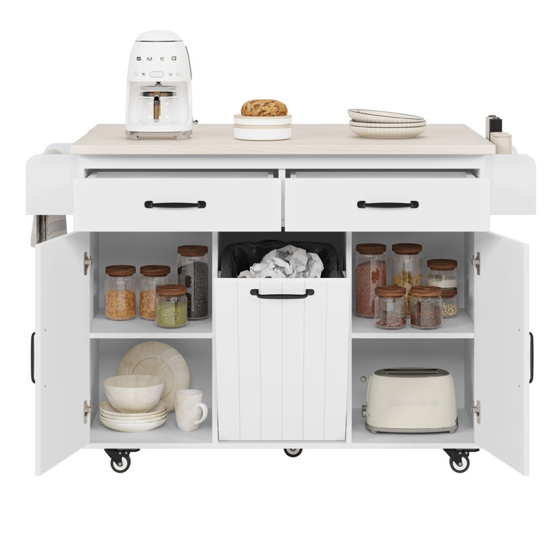 Style Kitchen Island With Trash Can Holder, Foldable Drop Leaf, Adjustable Shelves, White Modern Drawer, Tilt-Out Garbage Container -