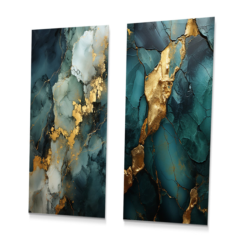 Or et vert, motif de marbre abstrait I - ensemble d'art mural en marbre abstrait en métal de 2, H 28 po x l 24 po