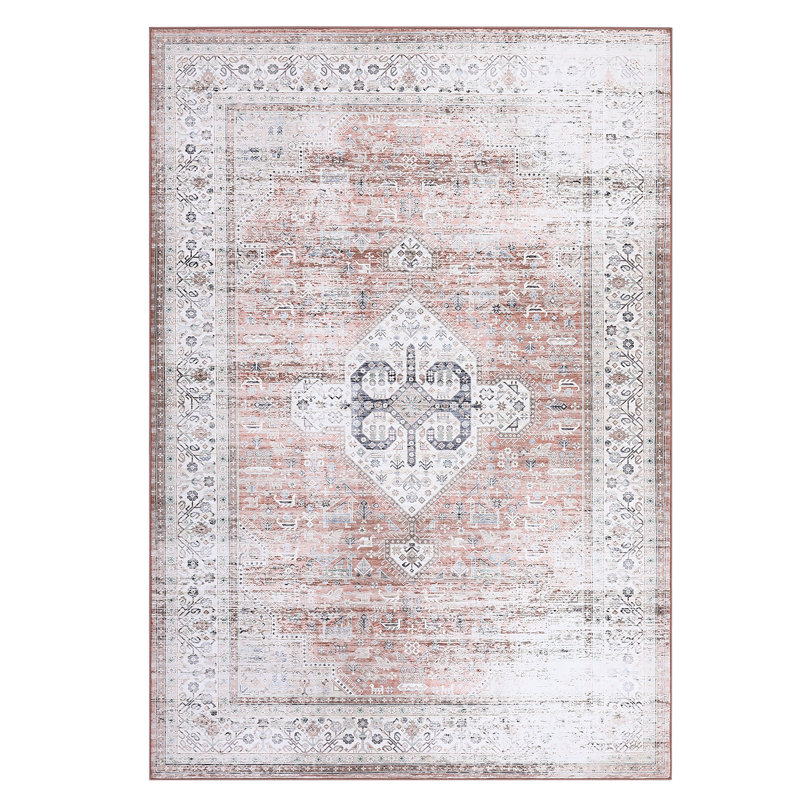 Oriental Machine Washable Rug with Rubber Backing for Living Room Vintage Non-Slip Dining Room Rug Easy-Cleaning Floor Carpet for Bedroom