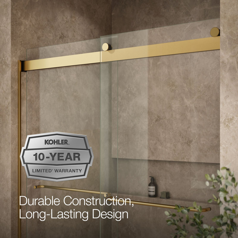 Levity 59.63" x 62" Bypass Bath Door with CleanCoat® Technology, Clear, Moderne Brass