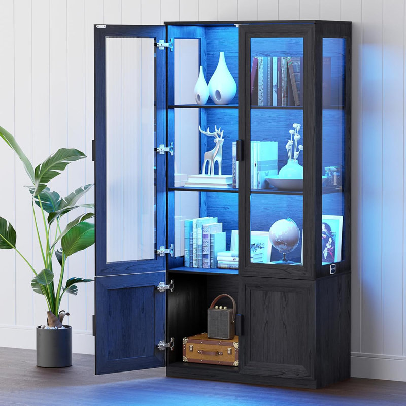 Display Cabinet With Acrylic Doors, Curio Storage Cabinet With 3 Shelves, Bookcase With LED Lights, Human Body Sensor For Books And Collections, Black