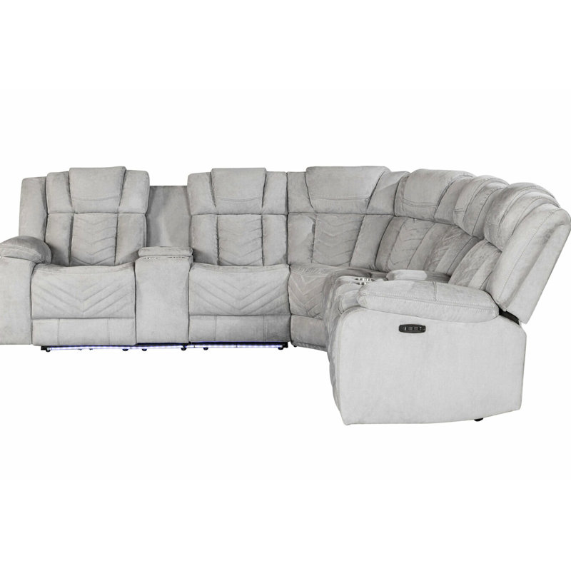 Méridienne modulaire en bois de frêne, base en bois massif, revêtement, inclinaison électrique, actionnement des boutons, porte-gobelets, tissu gris, 97 po x 41,5 po, 343,5 lb moderne, base, housse, options d'inclinaison, bouton-poussoir