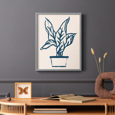 Navy Plant Sketches II Framed Print - Solid Wood