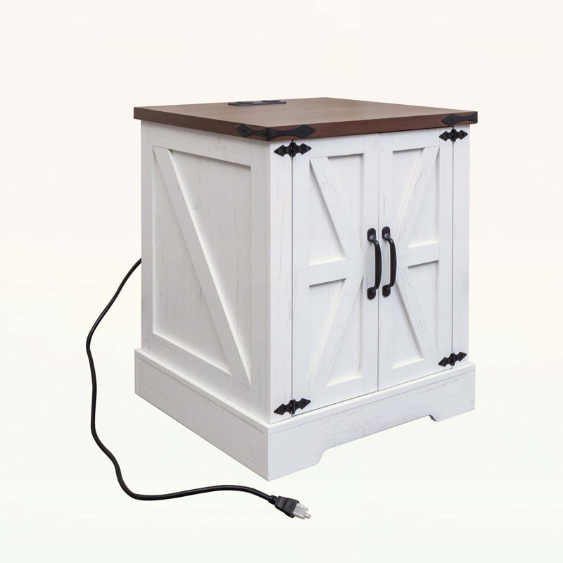 Rustic Wood Nightstand with Adjustable Shelf,with Charging Station, White/Deep Walnut