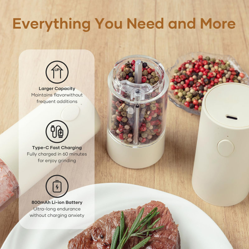 2 Pack Electric Salt And Pepper Grinder Set - USB Rechargeable Automatic Salt Pepper Mill Shaker With LED Light, Adjustable Coarseness, One Hand Operation
