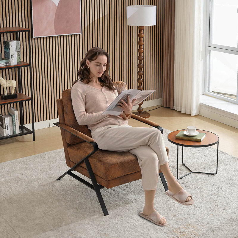 Chaise avec accoudoirs rembourrée de style Mid-Century avec structure en fer et coussin plus épais pour salon, lecture, balcon, brun