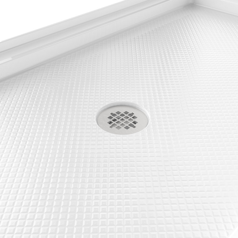 DreamLine SlimLine 36 inch D x 48 inch W x 2 3/4 inch H Single Threshold White Alcove Shower Base with 2 inch Brushed Nickel Center Round Drain