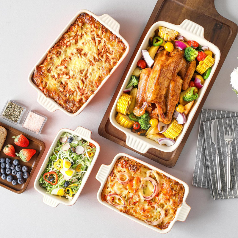 Orange Porcelain Rectangular Baking Dish Set with Handles