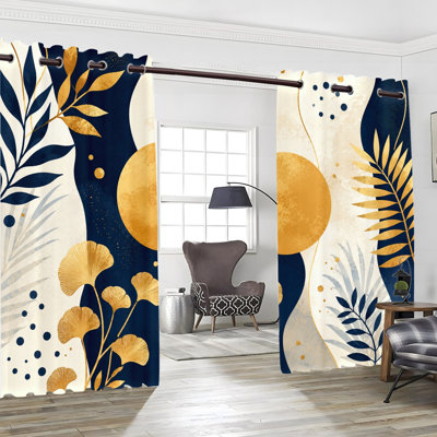 2 rideaux occultant avec œillets 2PCS, drapés abstraits à motif de vagues botaniques bleu marine Golden Ginkgo, isolation thermique, réduction du bruit, protection de la vie privée, rideaux obscurcissants pour le salon, la chambre et la décoration intérieure