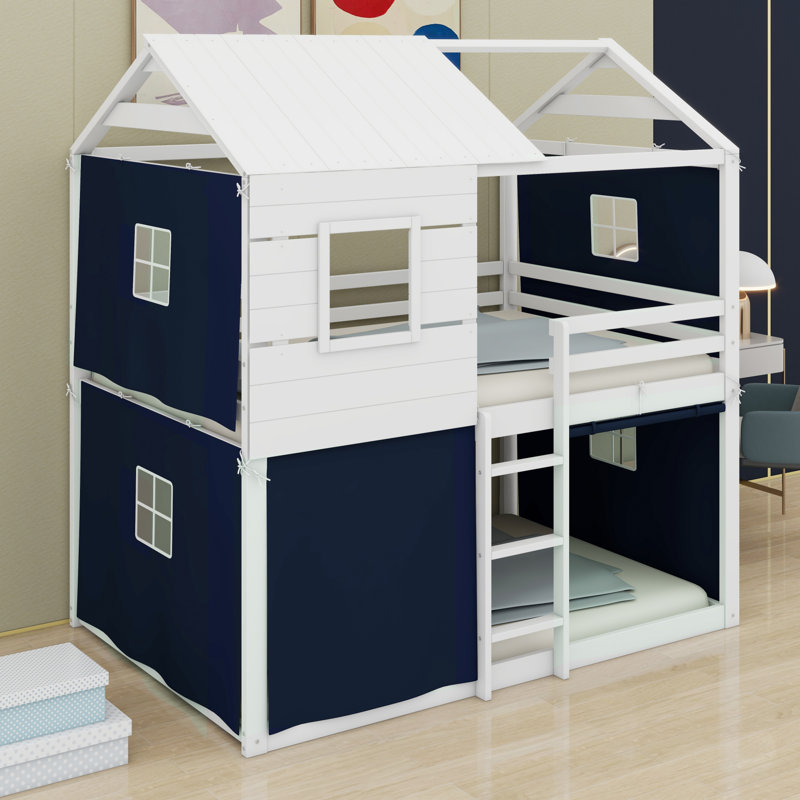 Solid Wood Floor Bunk Beds With Ladder,Guardrails,Tent And Window, Full over Full, Blue/White