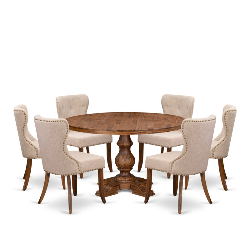 7-Pc Kitchen Table Set Includes a Pedestal Breakfast Table and 6 Light Tan Linen Fabric Dining Chairs with Button Tufted- Antique Walnut