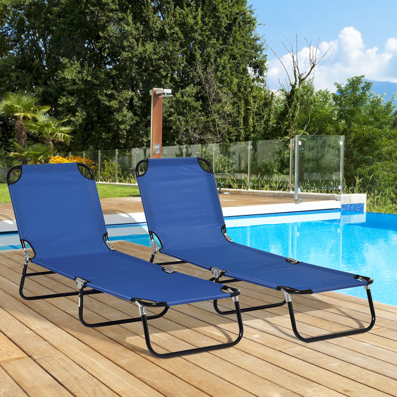 2 Piece Yard Lounge Sun Chairs, 5-level Reclining, Steel Frame, Blue Folding Chaise For Beach, Patio Beach Chairs With Made,