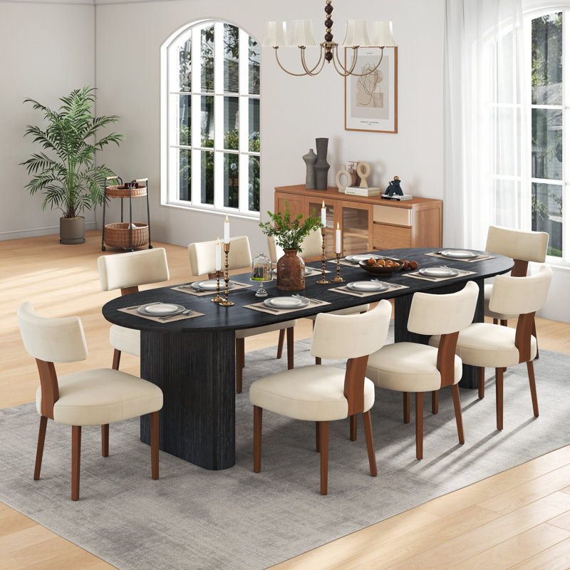 Ensemble de table de salle à manger extensible Modern Farmhouse, Noir, 9 pièces : table, 8 chaises, Beige
