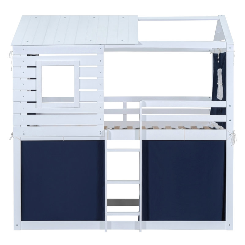 Lit superposé en bois avec tente, Simple, Bleu