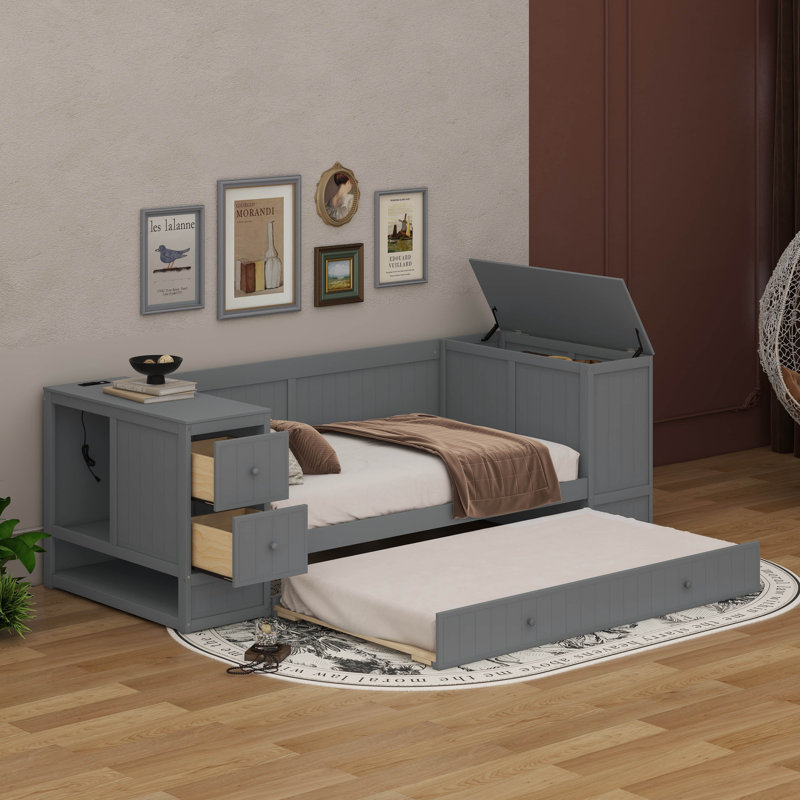 Lit de jour simple avec couchette, accoudoirs de rangement et station de charge, Gris