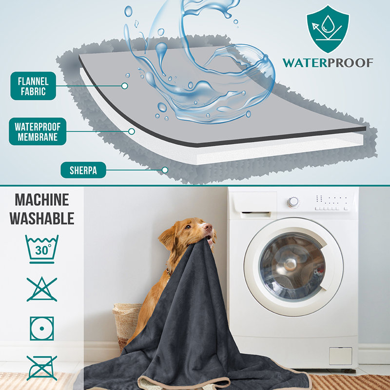 Small Gray and Beige Waterproof Sherpa Fleece Dog Blanket