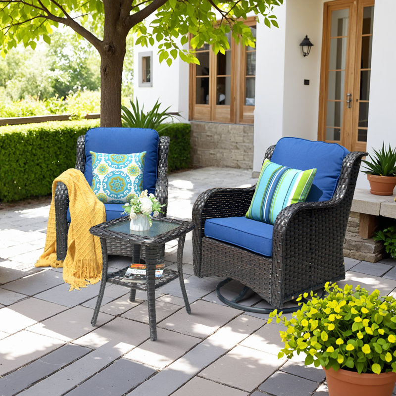 Ensemble de chaises berçantes d'extérieur en rotin avec coussins Tommy, Brun, Bleu marine