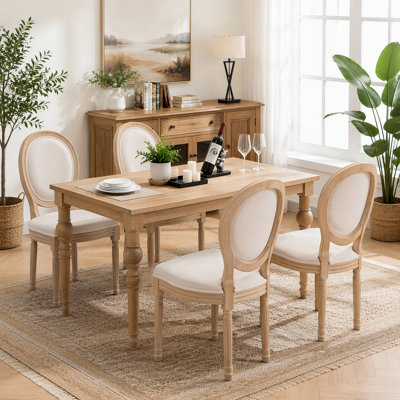 Chaises de salle à manger en bois massif Farmhouse avec assise et dossier en lin rembourré pour cuisine, salle à manger, salon, beige, ensemble de 2