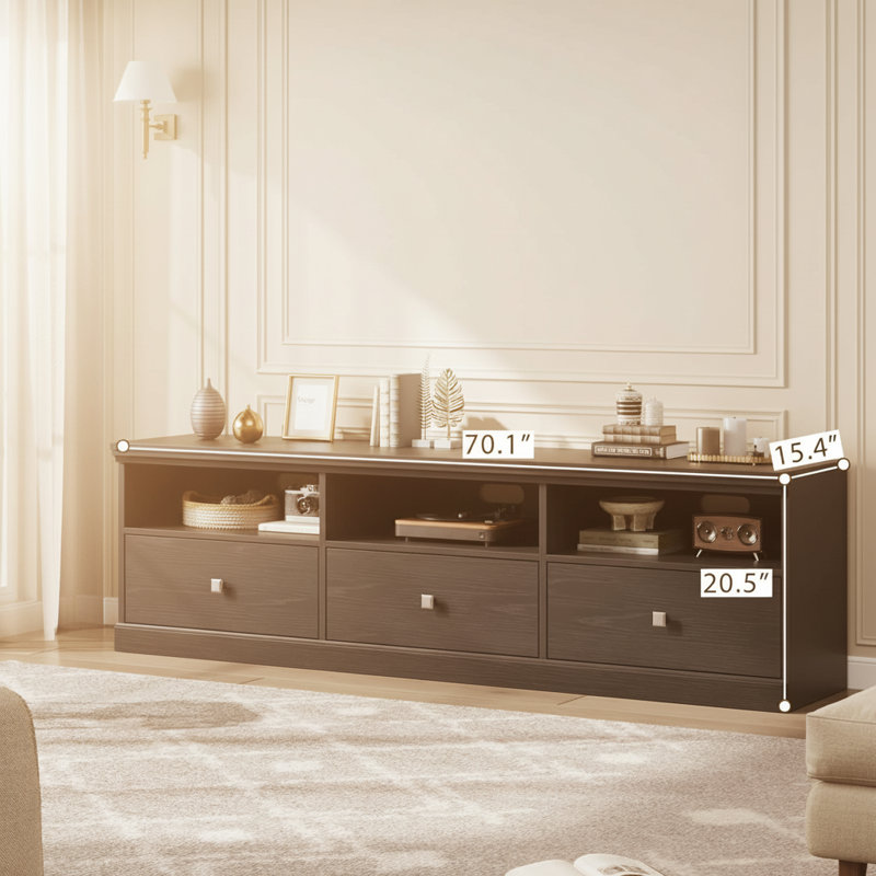 TV Console, With Open Shelves And Storage Drawer, Black