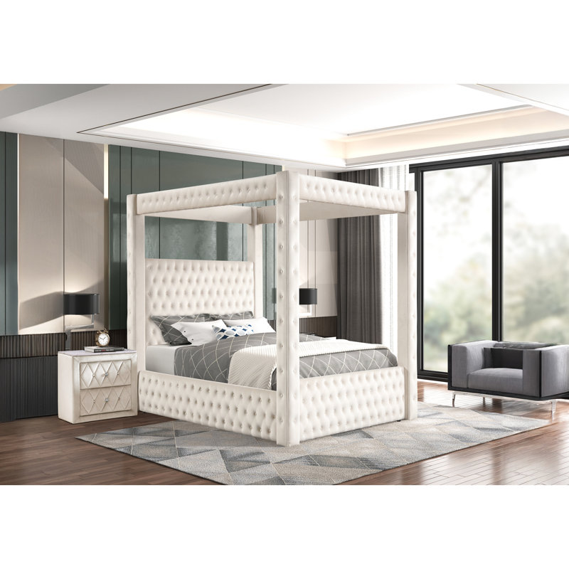 1Pc Bedroom Nightstand In With Faux Marble Top, Fabric Upholstery And Two Drawers For Use Ambiance Design, Ivory