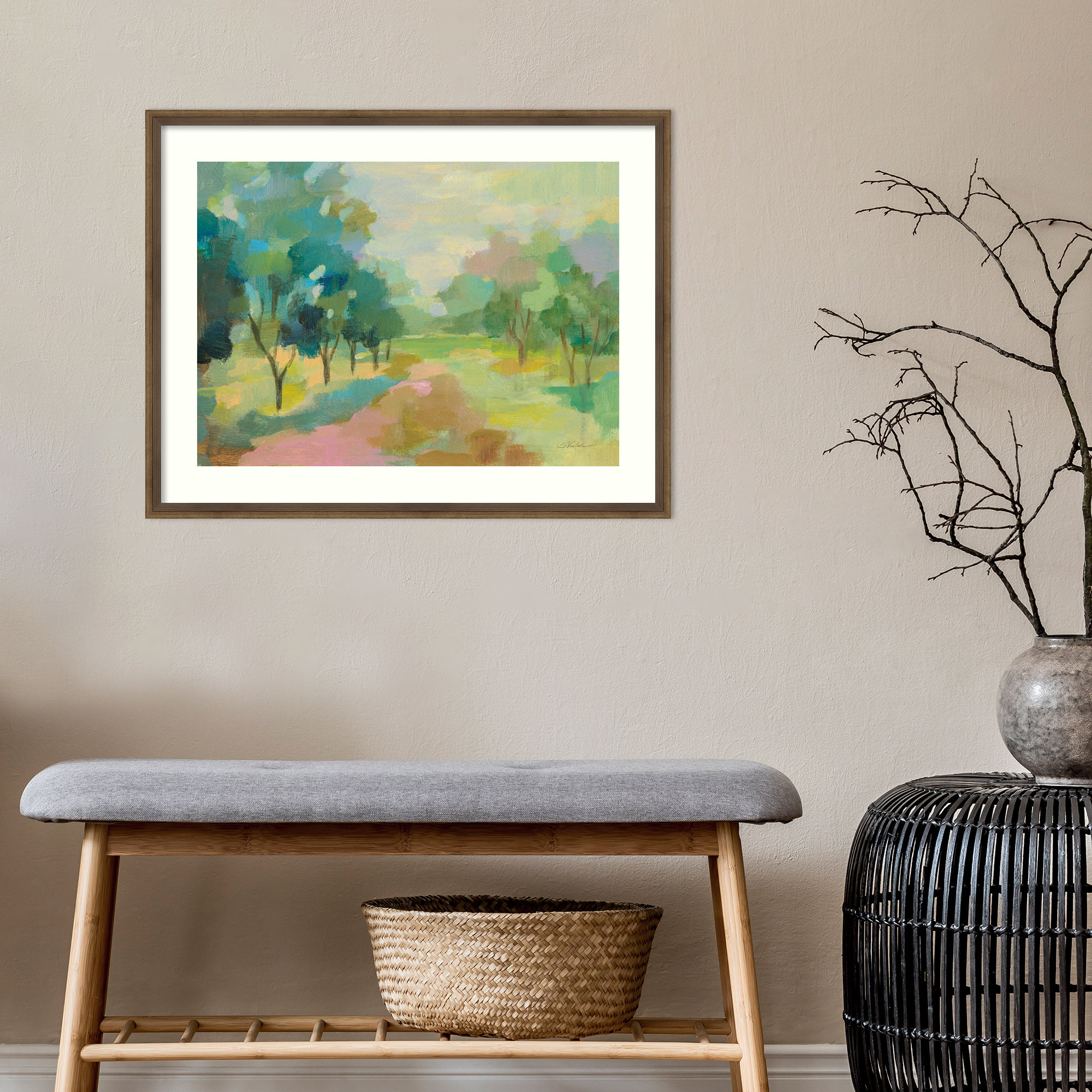 Sunrise Forest by Silvia Vassileva, 21" H x 27" W, Light Bronze Framed Paper