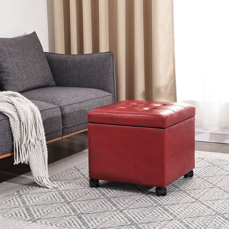  Repose-pieds carré en similicuir avec roulettes 17,7 po Clariece, Red