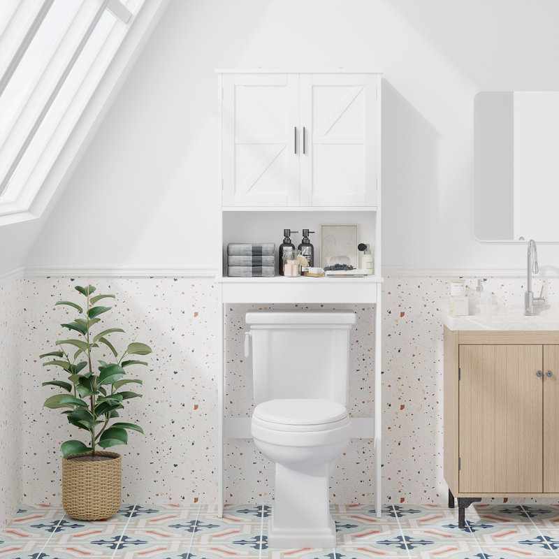 Armoire de rangement au-dessus de la toilette avec tablette réglable, organisateur d'économie d'espace de salle de bain avec portes doubles et tablette ouverte, support de toilette autoportant pour petite salle de bain - blanc