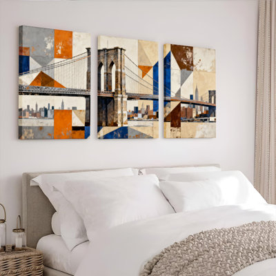 «Geometric Abstract Brooklyn Bridge», reproduction d'art sur toile tendue sur toile (ensemble de 3)