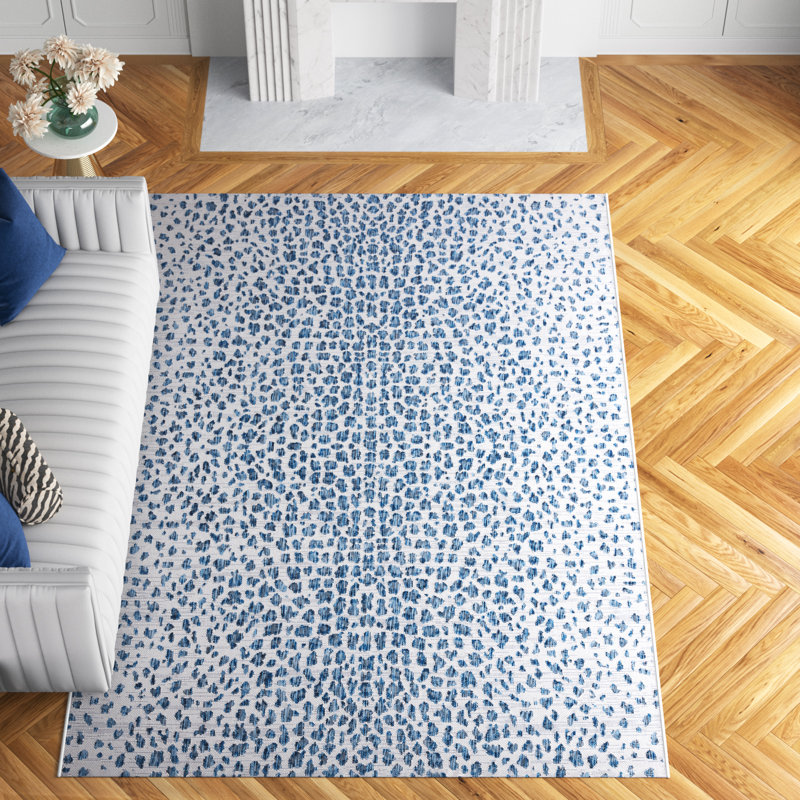 Tapis intérieur / extérieur ivoire / bleu marine Tyron, Rectangle 10 pi x 14 pi